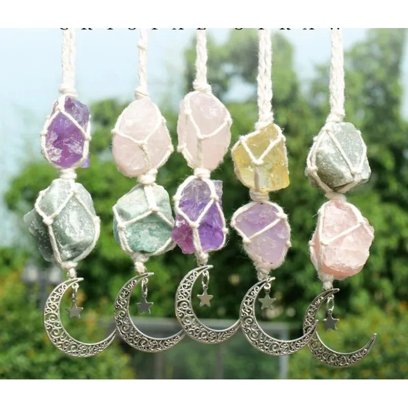 Raw Crystal Car Charm, Moon Rearview Mirror Hanging, Boho Car Decor