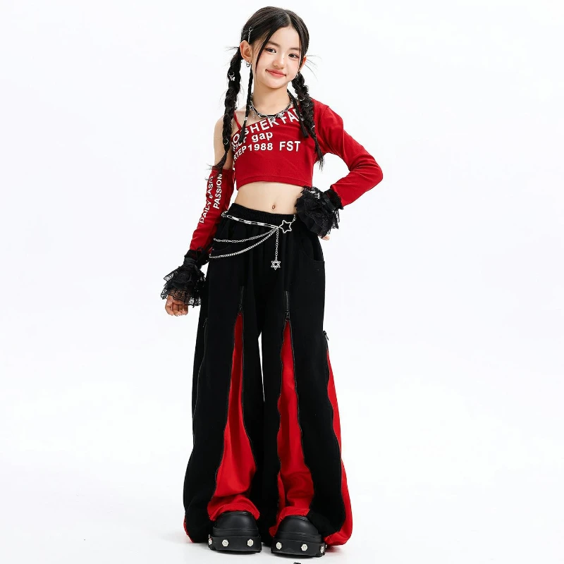 Mädchen Hip Hop Street Dance Kleidung Set Mode Rot Eine Schulter Crop Top T Shirt Baggy Hosen Outfits Gruppe Jazz Dance Kostüme