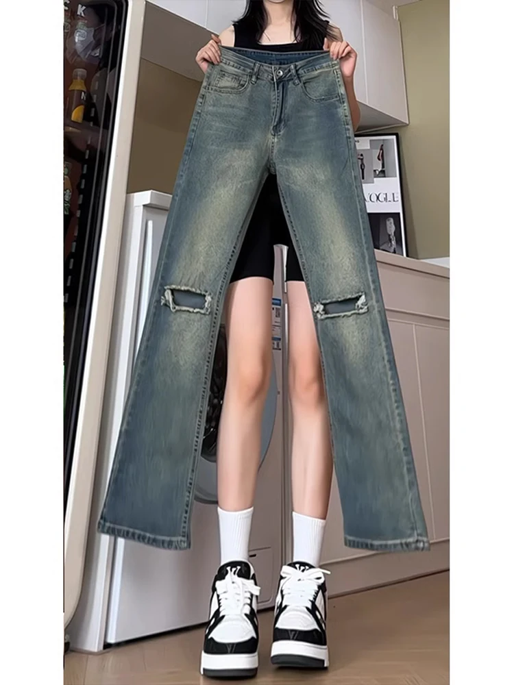 

Retro Blue Ripped Jeans Women's Slim Fit Summer Thin Micro Flared Pants Elastic Long Trousers High Waist Cotton Polyester Blend