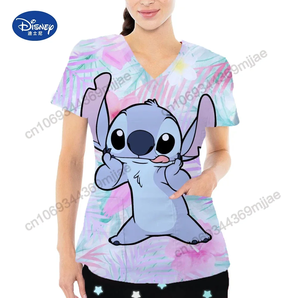 

2024 Summer Beautiful Disney Cartoon Printed Pattern V-neck Double Pocket Design Casual and Comfortable Nurse Uniform New Top