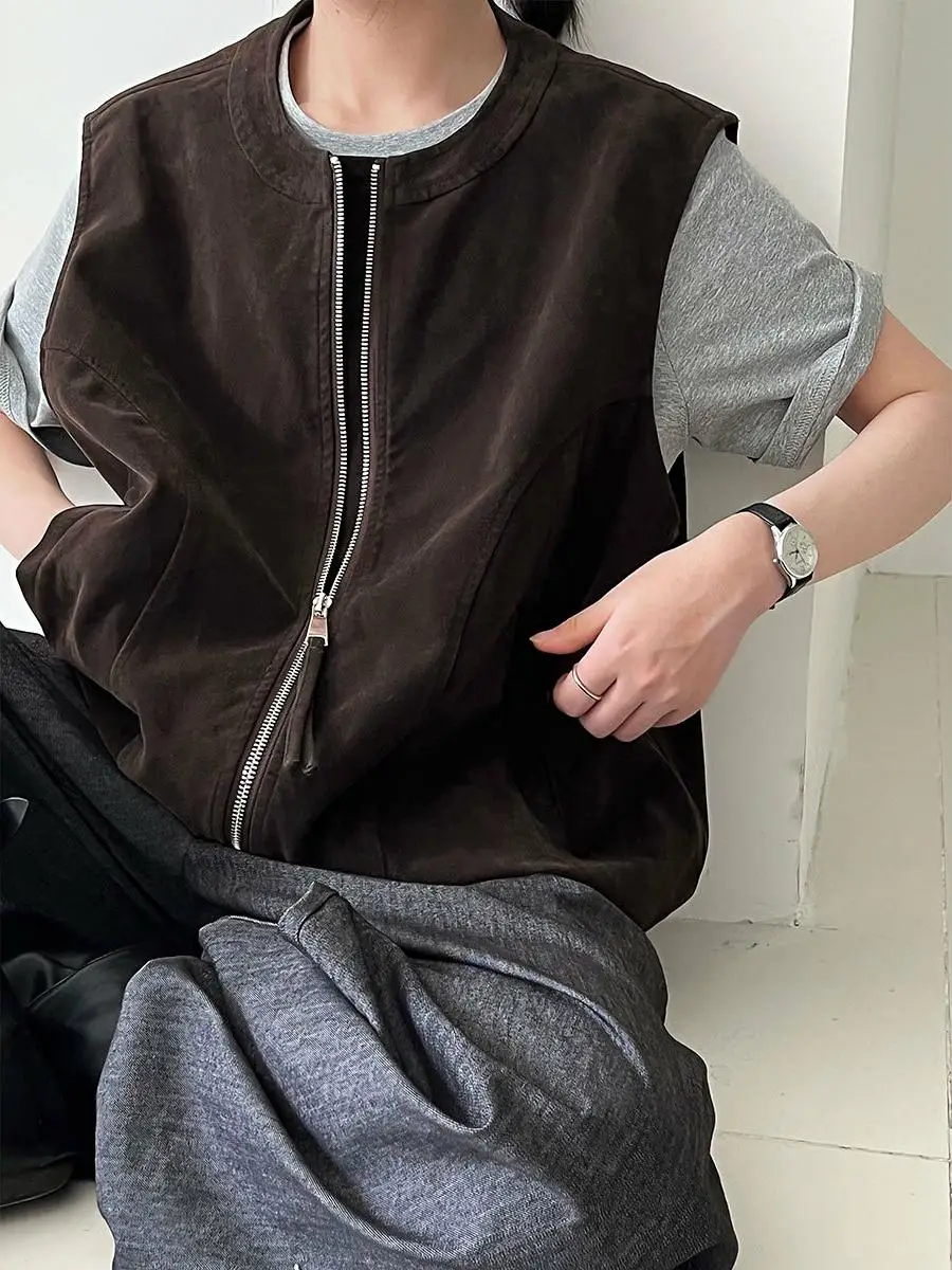 

Lui Auntie's Повседневный замшевый жилет на молнии женский свободный многослойный повседневный топ на бретелях круглый цвета длины Ne ort