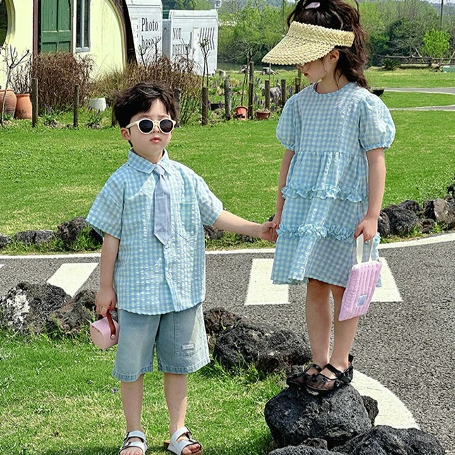 Set 2026 Spring and Summer New Children's Wear Boys and Girls Holiday Style Shirt Denim Shorts Beach Skirt Brother and Sister