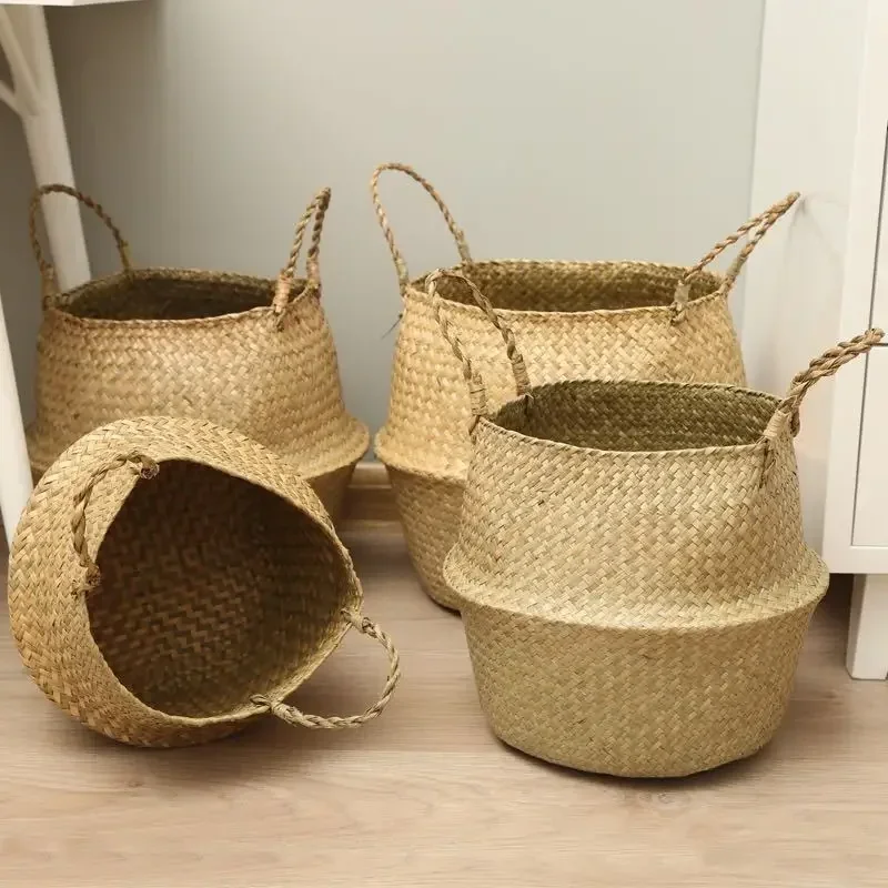 Seagrass Laundry Flower Pot Basket Folding Handmade Straw Flowerpot Planter Wicker Clothes Toy Storage Holder Organizer Basket