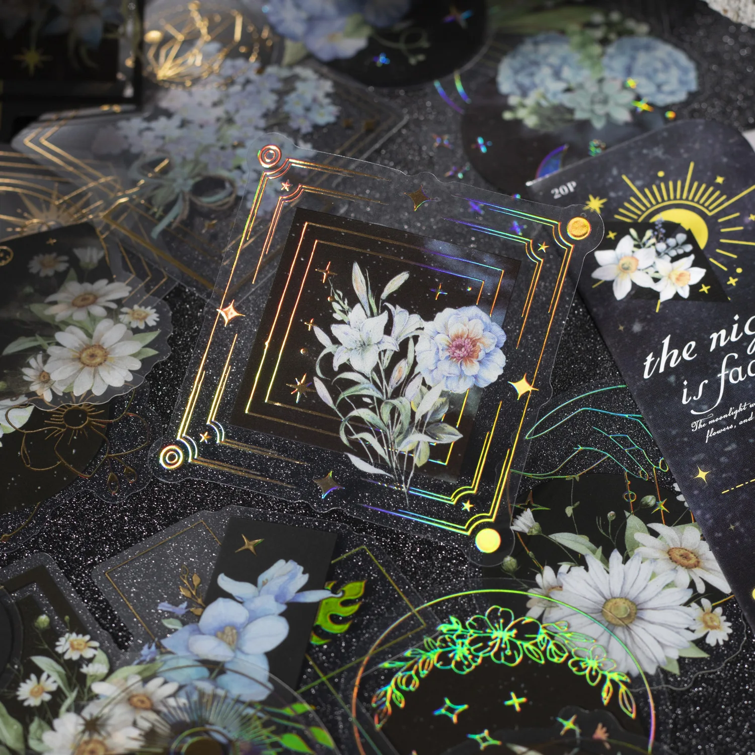 20pcs Vintage Moon Flower Black Stickers Laser Foil Gold Collage Junk Journal Planner Galaxy Sticker Album Scrapbooking Material