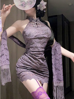 Sexy Lingerie New Chinese Style Lace Stand Up Collar Cheongsam Pure Desire Spicy Girl Purple Hanging Neck Dress Elegant 2NE2
