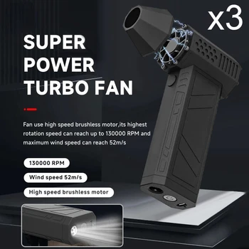 X3 강력한 송풍기 선풍기, 선풍기 제트 선풍기, 강력한 팬, 휴대용 130000 RPM, 풍속 52 m/s, LED 조명, 3 세대 터보 송풍기