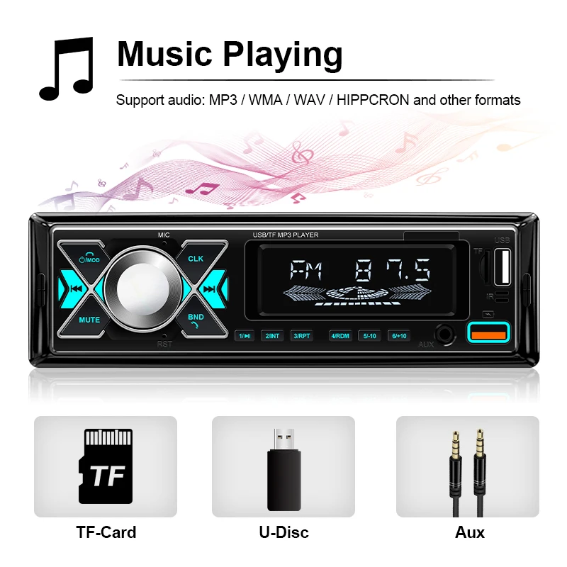 Car Audio 1 din Radio Stereo Receiver Digital Bluetooth MP3 Player Colorful With Dual USB AUX Inputs Auto Multimedia Automotive