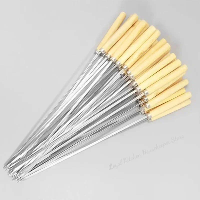 5Pcs Reusable Stainless Steel Barbecue Skewer with Wooden Handle BBQ Skewers Kebab Iron Stick for Outdoor Camping Picnic Tools