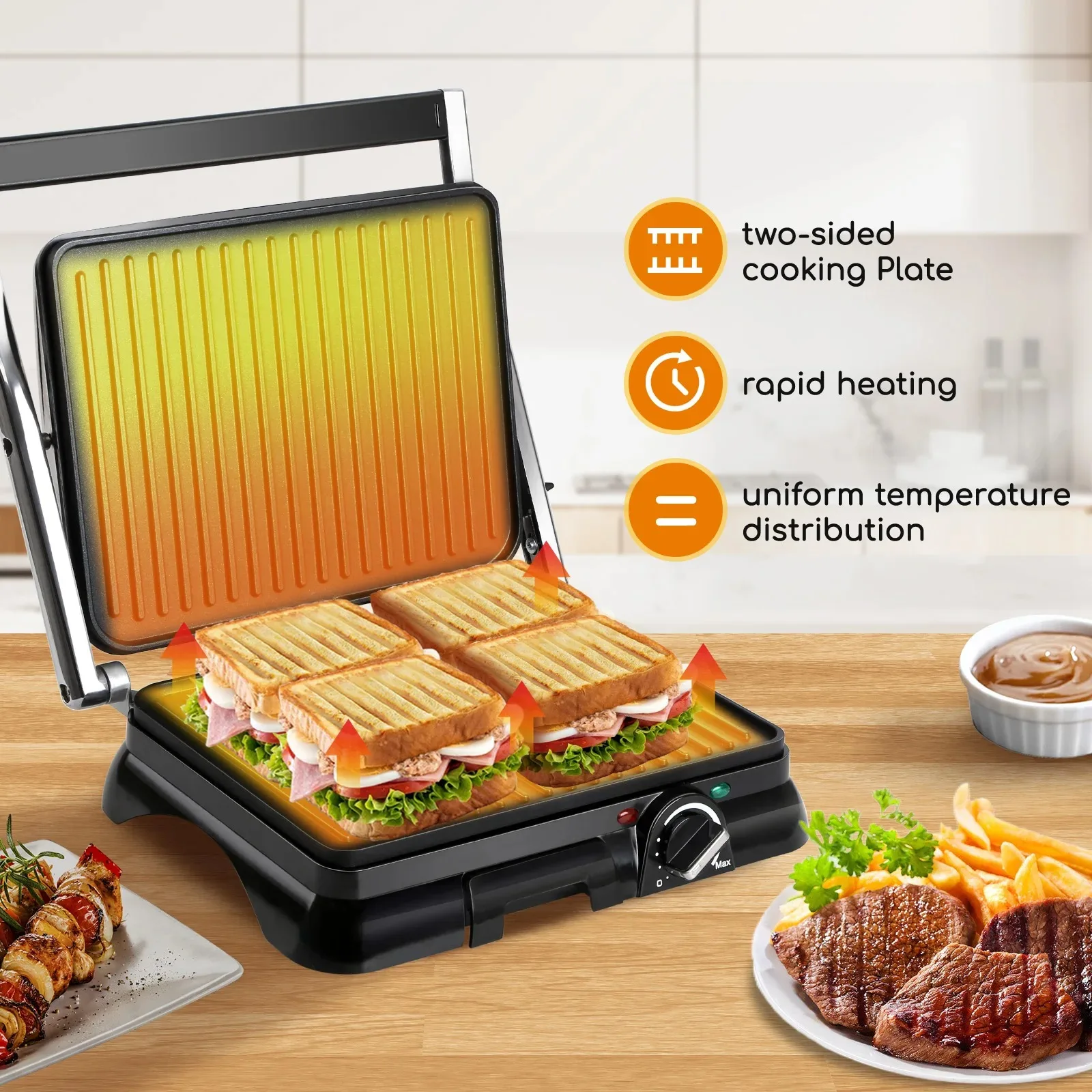 Sandwicheras and Panini Grill Grill (temperature regulator, oil pick tray, 180 ° opening, non-stick plates, 2000 W)