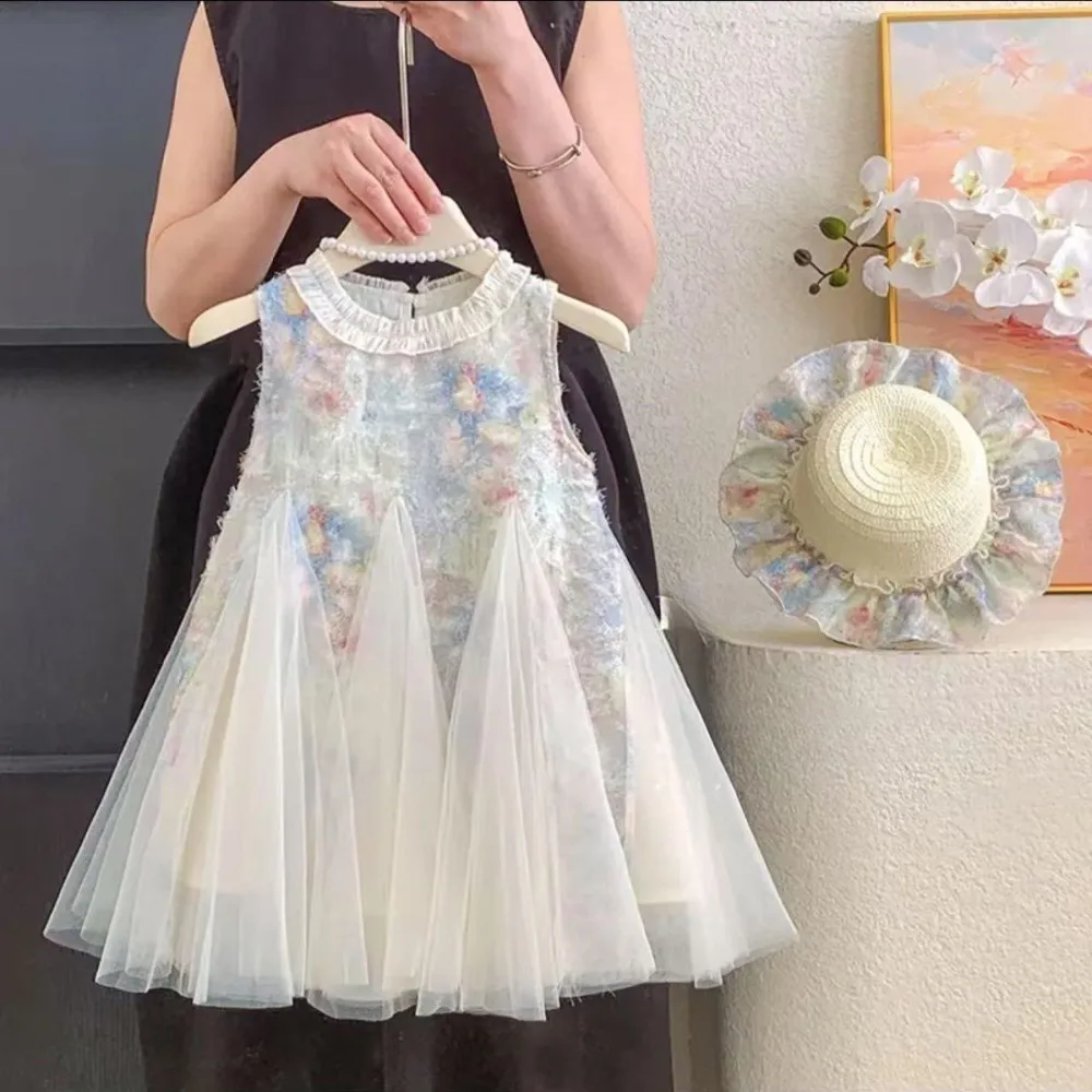 Summer New Princess Girls Dresses Fashion Color Blocked Sleeveless Mesh Girls Party Dress Wedding Birthday Children's Clothing