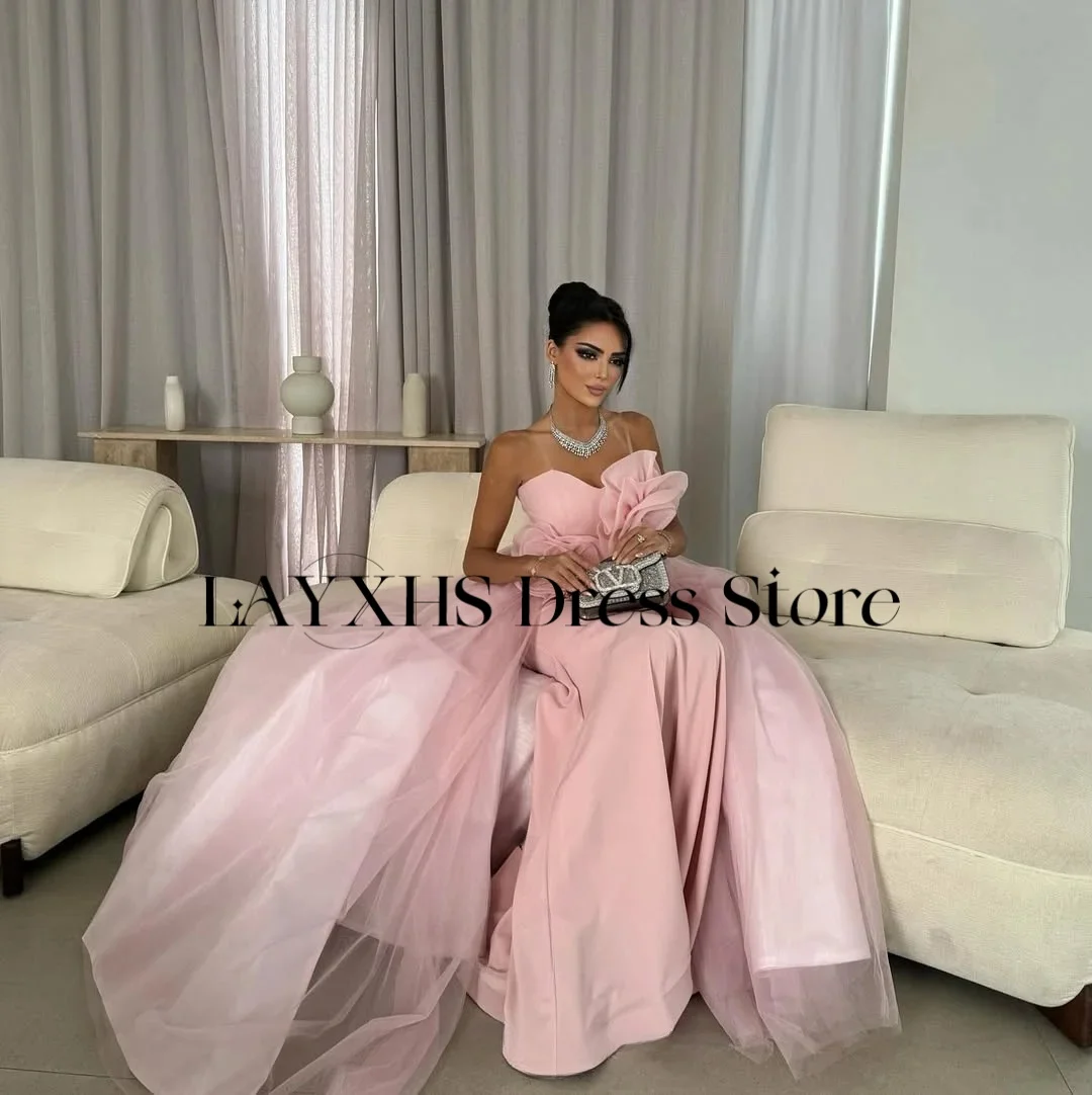 LAYXHS Exquisite trägerlose Abendkleider, rosa A-Linie, Blumen, Tüll, Hofschleppe, Ballkleider, individuell gestaltet