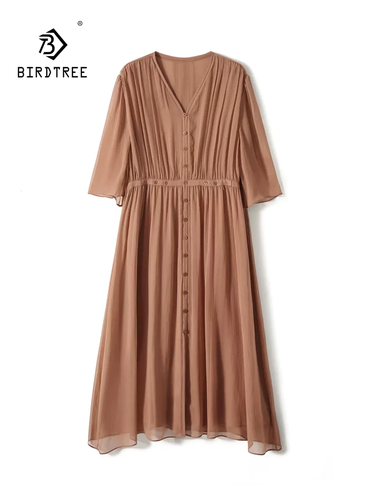 BirdTree, 100%Mulberry Silk Elegant Dresses, Women V Necks Half Sleeve Solid, OL Commute Simplicity Dress, 2024 Summer D44017QC