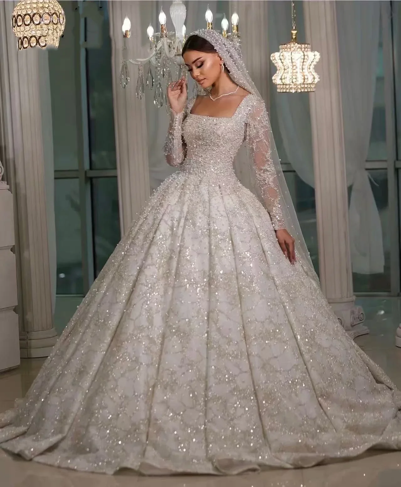Luxurious Lace Crystal Bead Decoration Wedding Dress Sexy Square Neck Robe De Mariée Bridal Gown Vestido De Novia Customized