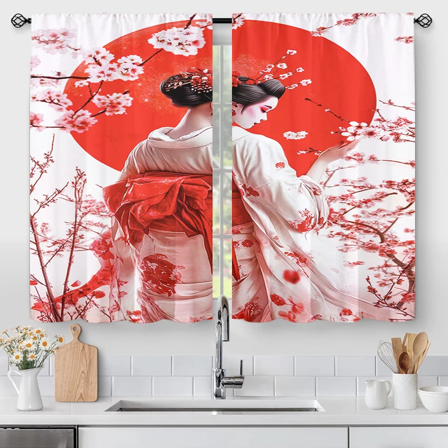 2PCS Red Sun Geisha Print Curtains, Japanese Cherry Blossom Kimono White Window Drapes for Bedroom Living Room Decor