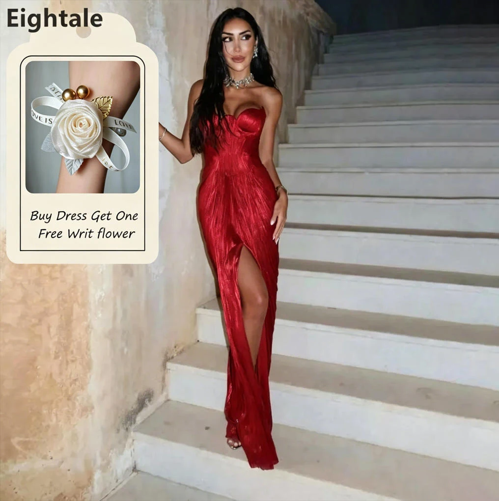 

Eightale 2025 Maxi Dark Red Silk Chiffon Pleated Mermaid Evening Dress Wedding Formal Prom Dress Dubai Party Gown Customized