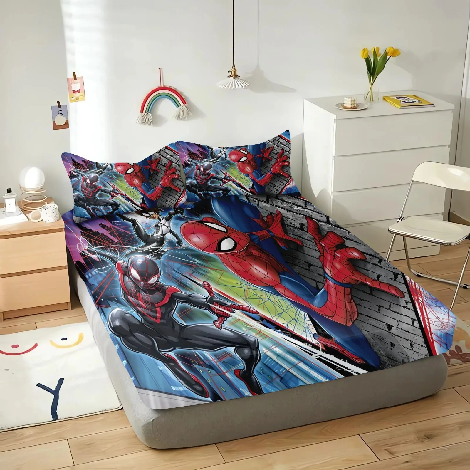 3D HD Digital Print spiderman Fitted Sheet Mattress Cover With Elastic Customized Cartoon Bed Deep Pocket with 2 Pillowcase