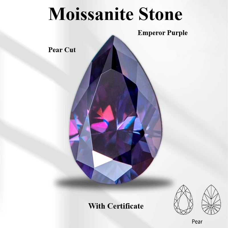 Top Pear Cut Emperor Purple Color Moissanite Synthetic Gemstone with Certificate Extremely Shiny Quality