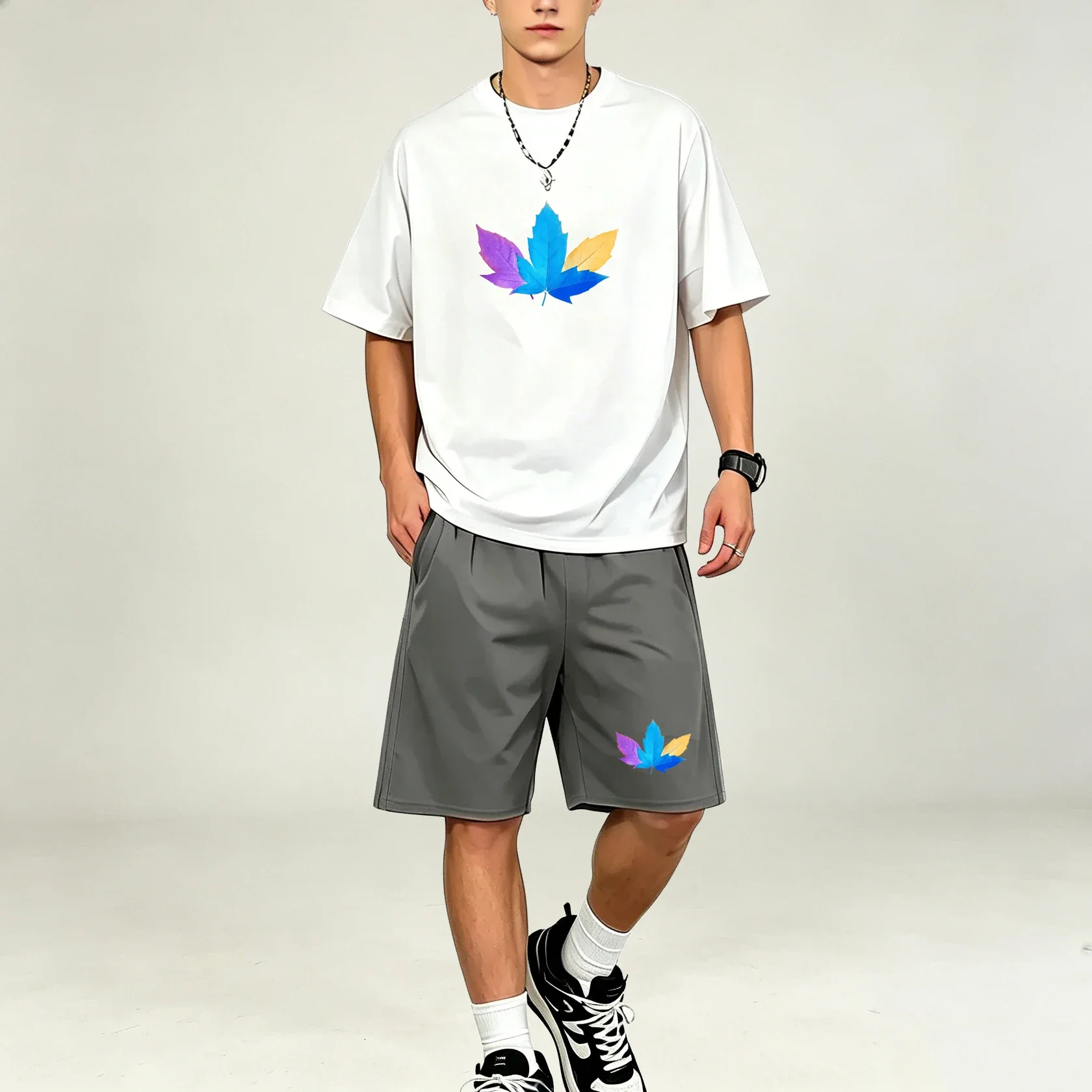 Summer Three Color Leaf Pattern Print Sports Men T-Shirts Sets Quick Dry Oversized Short Sleeve T-Shirt Pocket Shorts Daily Sets view 6
