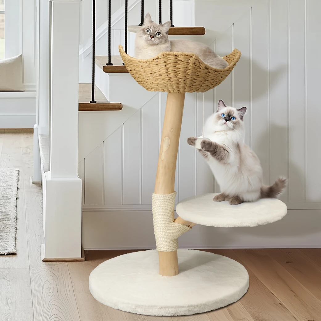 Heavy Duty Wooden Cat Tree Tower Scratching Post Branches Plush Cushion Perches Condo and Dangling Ball for Cats Play and Sleep