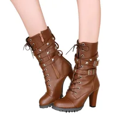 QPLYXCO Plus Size 34-48 Ankle Boots Women 2019 Platform High Heels Female Lace Up Shoes Buckle Inner Zip Short Boot 99-6