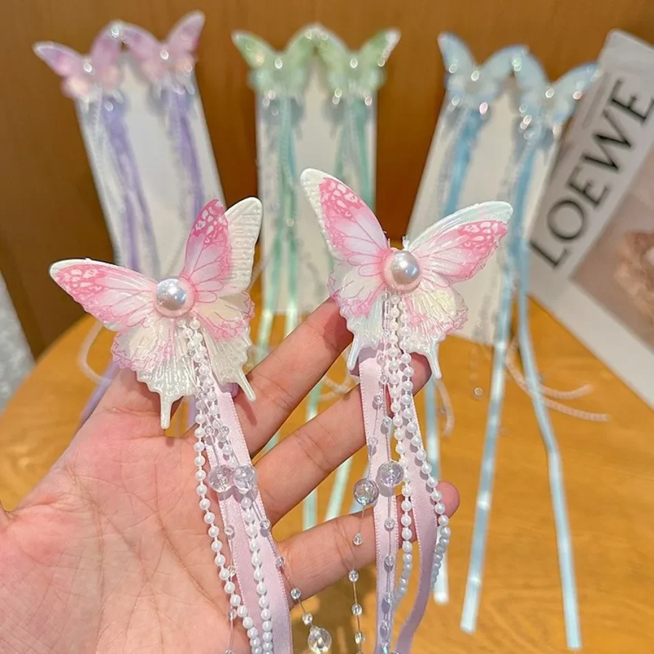 

2PCS Girls Fairy Butterly Pearl Long Ribbon Hairpin Princess Hair Accessories Little Girl's Hair Ribbons Hair Clips For Kid HP01