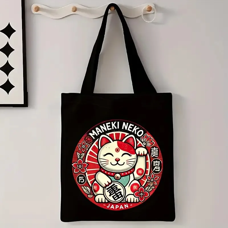 Kawaii japanische Maneki Neko Daruma Grafik-Tragetasche für Damen, Einkaufstasche, wiederverwendbare Glückskatzen-Umhängetasche, Harajuku-Anime-Handtaschen – Detail 7