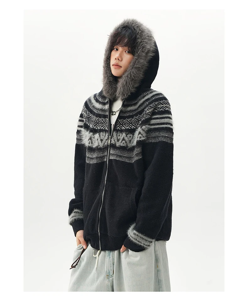 2025 New American Retro Autumn Winter Sweater Stylish Men's Youth Trendy Hooded Knitted Cardigan Jacket Couple Matching