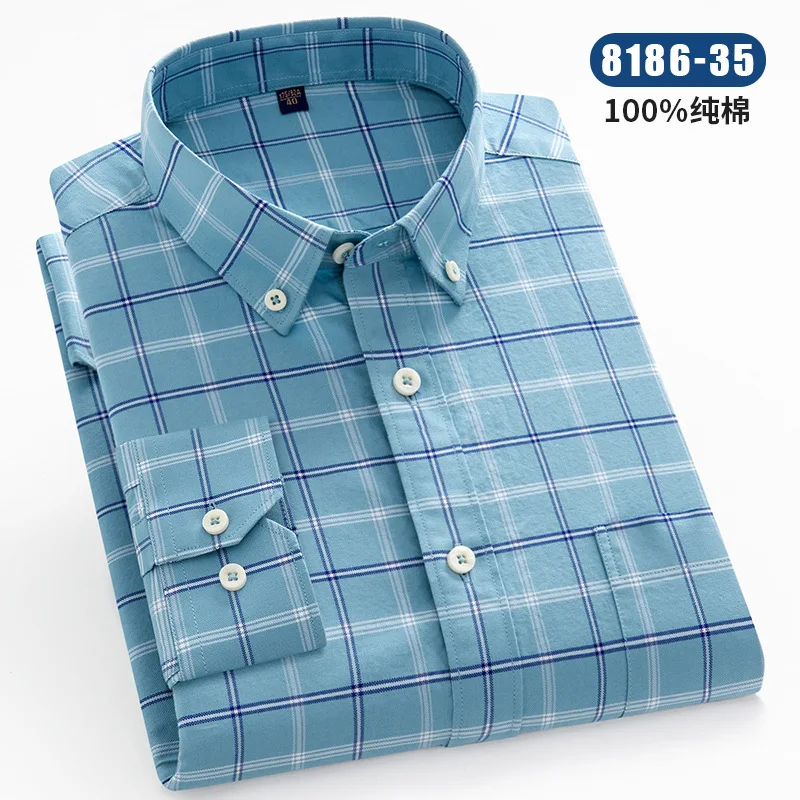 New Year Four Seasons New Cotton Men\'s Oxford Textile Shirt Men\'s Long Sleeve Business Casual Striped Plaid Cotton Shirt