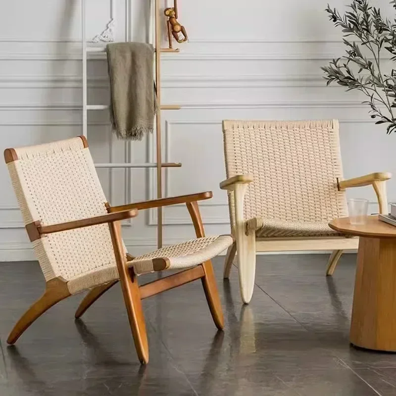 اليابانية Ins كرسي أريكة واحد الخوص كرسي الاستجمام كسول الخوص خشب متين مسند الظهر كرسي شرفة كرسي الأثاث