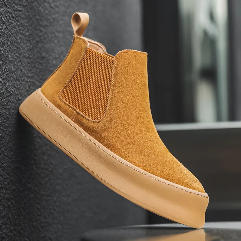 

men fashion chelsea boots slip-on cow suede leather shoes flats platform cowboy boot street style handsome ankle botas masculina