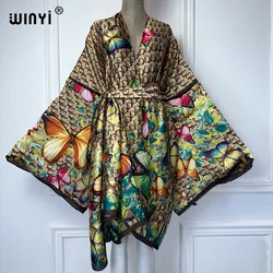 WINYI nadruk z Afryki letnia plaża czeski długi sweter Cover-up Casual Boho Maxi wakacyjna impreza kimono z paskiem kostiumy kąpielowe