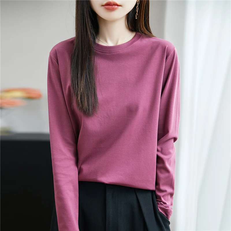 

Spring Summer And Autumn New 100% Cotton Long-Sleeved T-shirt Women's Loose Mercerized Cotton Breathable Solid Color Top