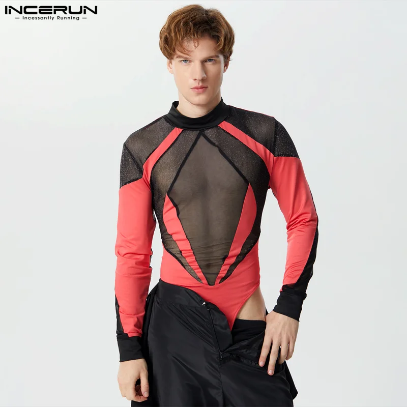 INCERUN Men Bodysuit Mesh Patchwork Turtleneck Long Sleeve Sexy Male Rompers Streetwear 2024 Shiny Transparent Fashion Bodysuits