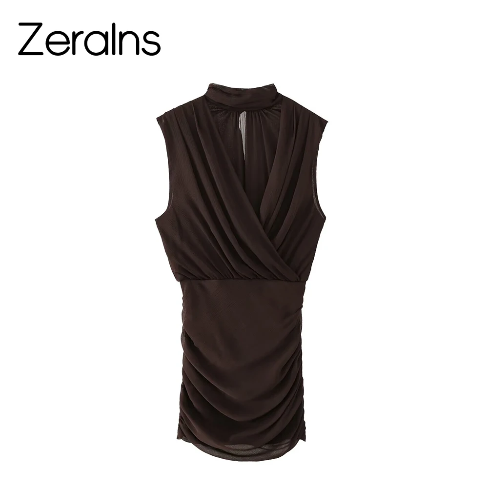 ZERAINS 2026 Sommer Neue Damenmode Elegantes Ärmelloses Kleid mit Stehkragen und Falten Mini-Kleid