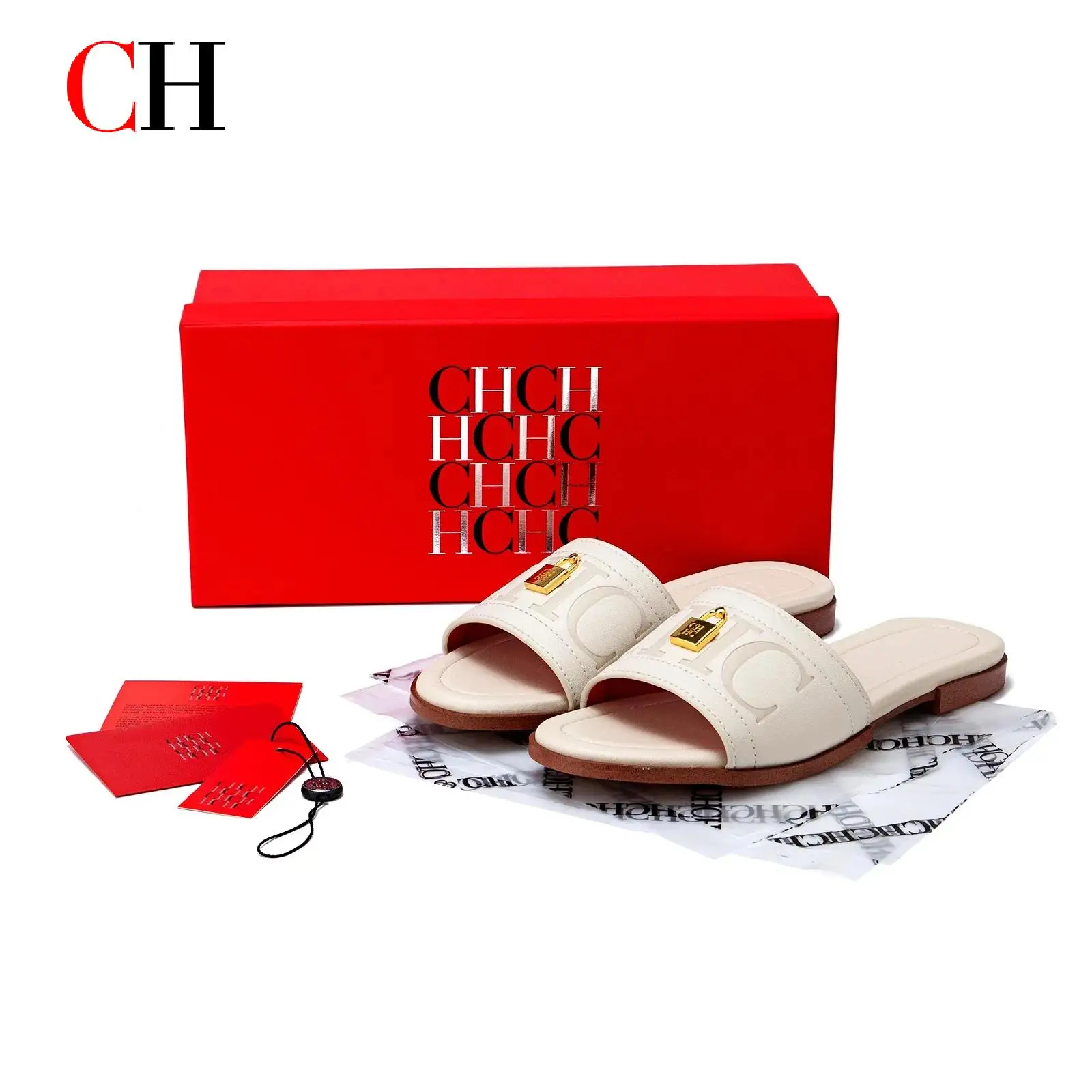 

CH Leather High Heel Open-Toe Sandals Golden Lock Buckle Decor Triple Use Daily Party & Workplace Red Brand Gift Box Packaging