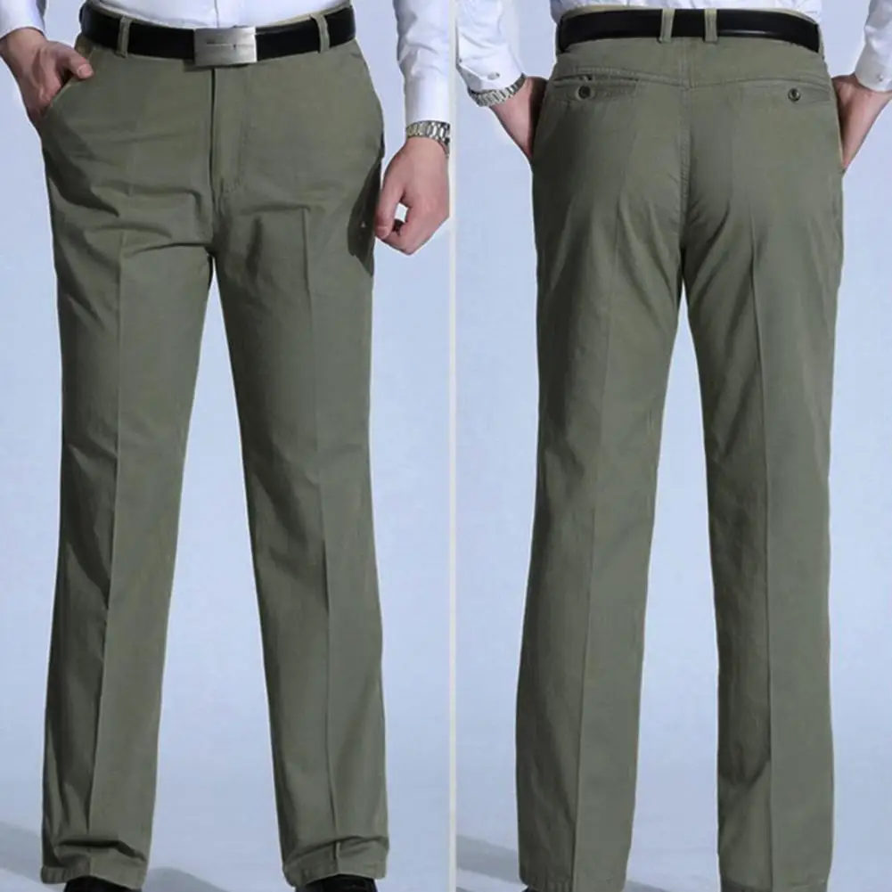 Middle-aged Men Trousers Spring Summer Solid Color Temperament Stretchy Straight Suit Pants Business Pants Zipper Fly