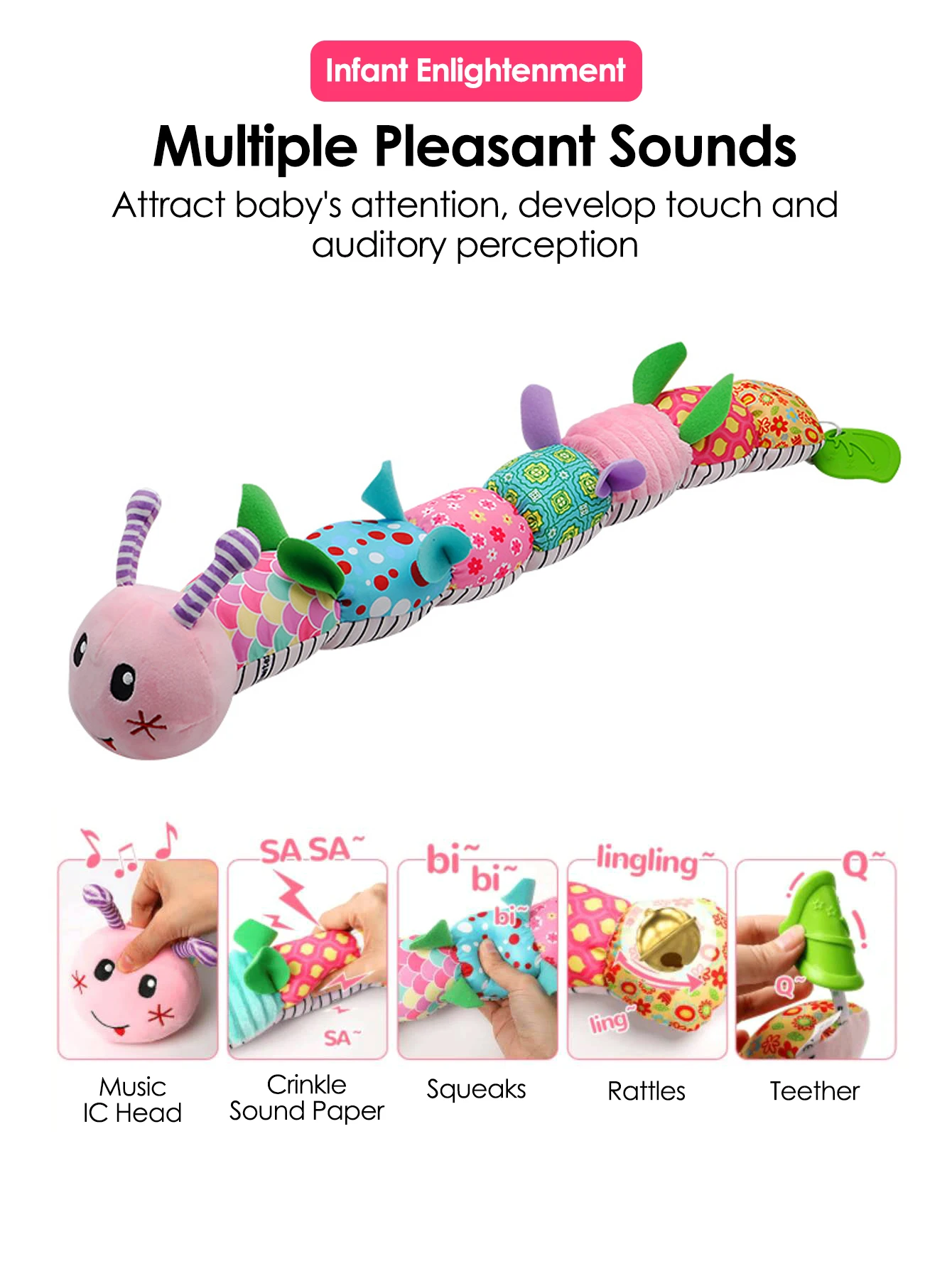 1 Baby Vine Music Caterpillar Worm Soft Baby Plush Toy Educational Interactive Sensory Toy