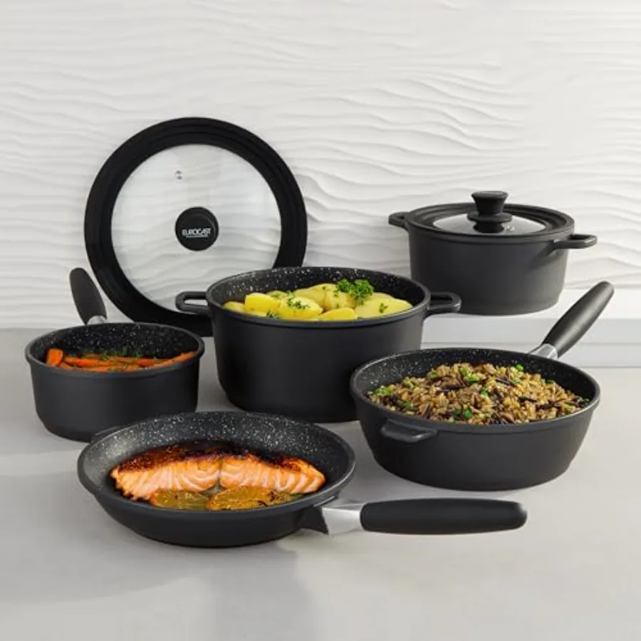 

EuroCAST 7Pc Chef Cookware Set for professional kitchen use, forged aluminum with stainless steel exterior, matte black finish,