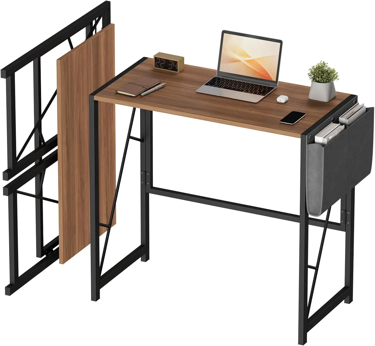 Folding Computer Desk with Side Pocket & Hooks, 100×48×72 cm Space-Saving Writing Table Sturdy Metal Frame, Easy Assembly, Portable Workstation for Home Office, Bedroom, Balcony