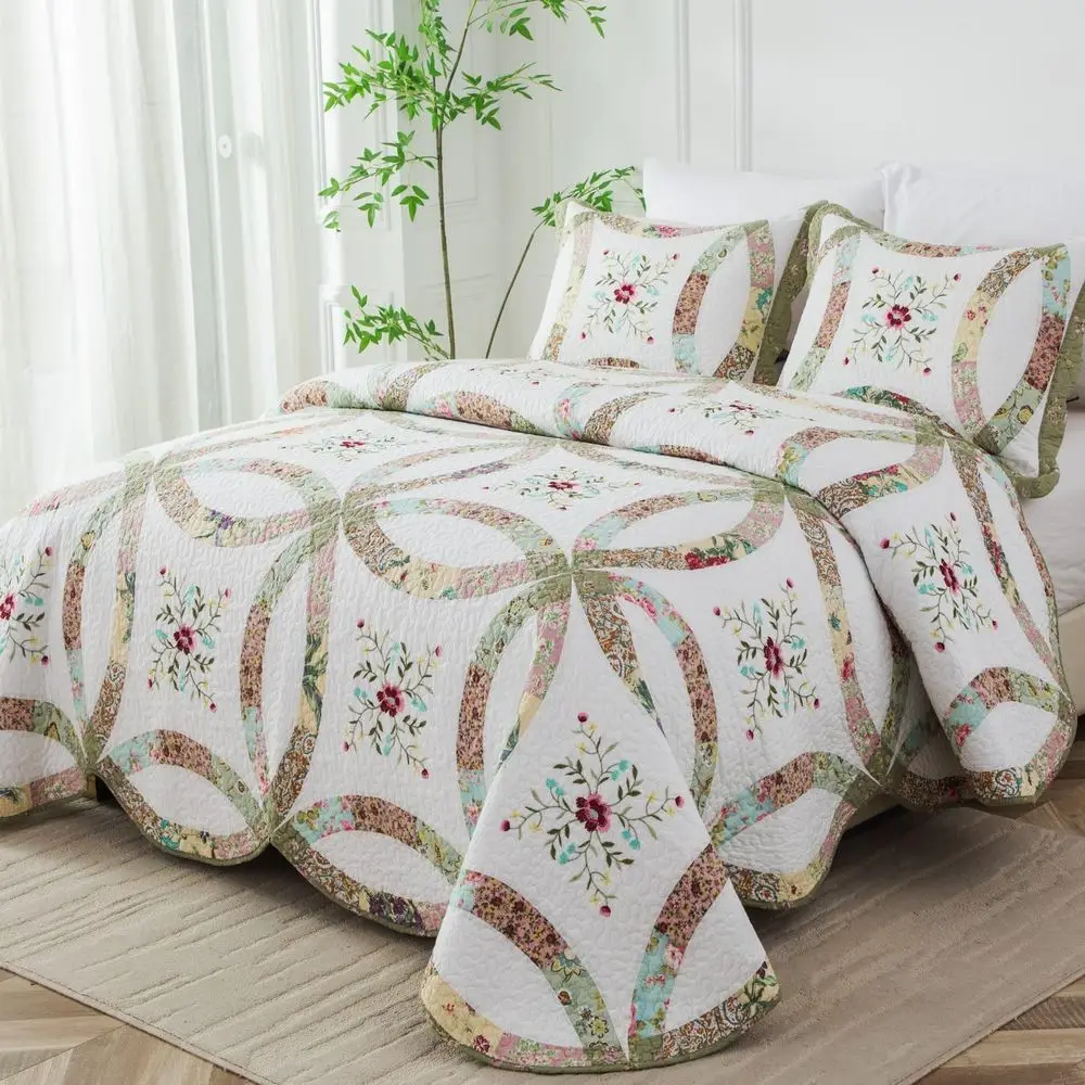 

3-Piece Queen Cotton Patchwork Quilt Set with 376 Hand-Cut Patches, Embroidery, and Allover Quilting