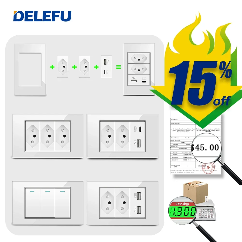 

DELEFU White Tempered Glass Panel Tpye-c USB Brazil Standard Wall Socket Package, 3gang Wall Switch, More Discounts.