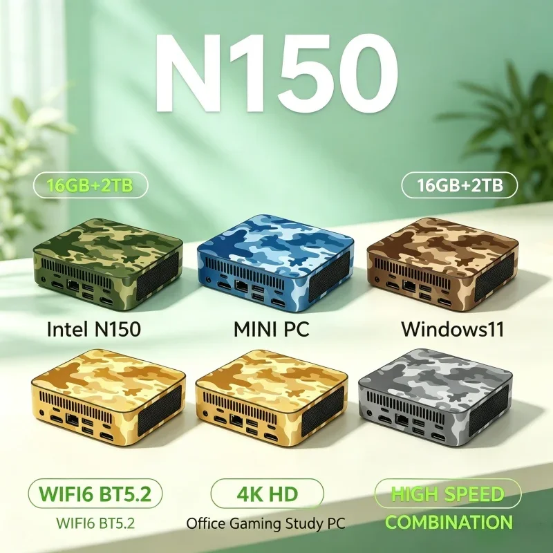 Camouflage Mini Desktop Computer Intel N150 16GB RAM 1TB/2TB SSD Windows 11 WiFi6 BT5.2 Portable Mini PC Host For Office Home