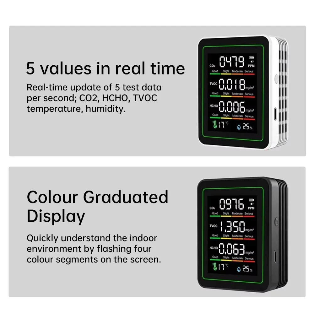 كاشف هواء 5 في 1 مطور حديثًا شاشة ملونة كبيرة 30 ساعة عمر البطارية الفورمالديهايد TVOC كاشف درجة الحرارة والرطوبة CO2 #5
