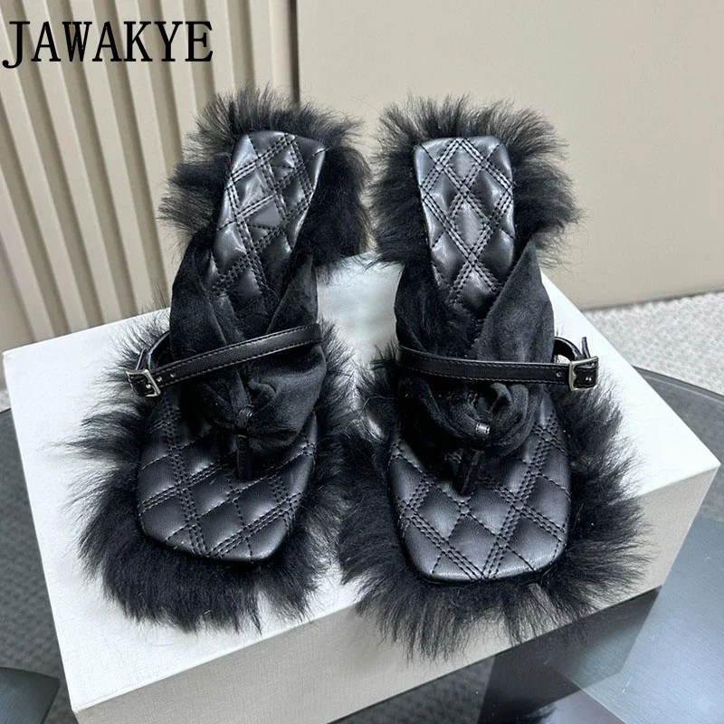 2023 Summer Sexy Women\'s Fur Sandals Square Split Toe Sexy Plush Edge High Heel Slippers Brand Casual Women\'s Dress Slides