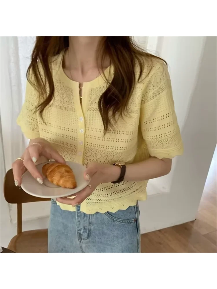 Hollow Out Knitted T-shirt Women 2026 Summer Button Up Short Sleeve Crop Tee Woman All Match Round Neck T Shirt Female Clothes
