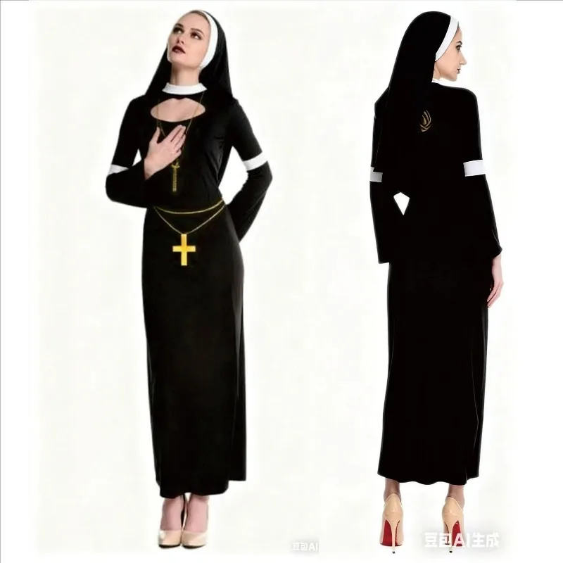 

New Women Halloween Party Nun Priest Cosplay Costume Traditional Black Robe Cross Carnival Theme Party Roleplay Suit