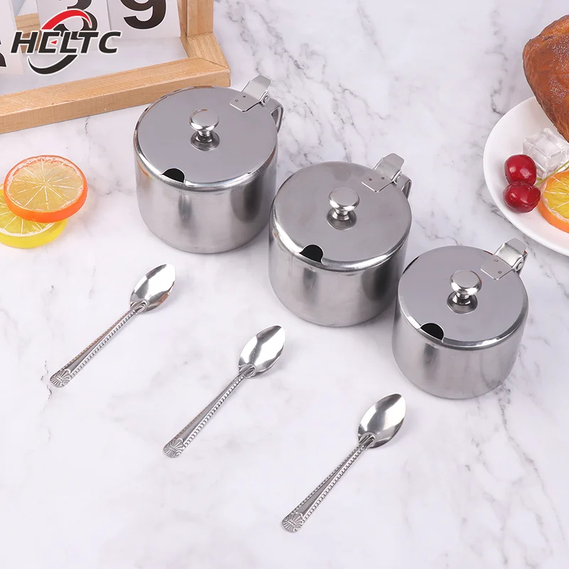 Practical Stainless Steel Sugar Bowl With Handle Lid Spoon Dustproof Waterproof Seasoning Jar Kitchen Restaurant Spice Container