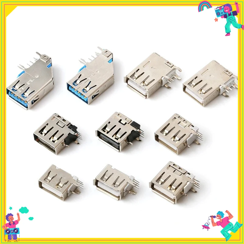 10PCS  USB2.0 Female Mount Socket Connector USB Vertical Side Inser Female Jack Connector Long/Short Type 90 Degree UsbConnector