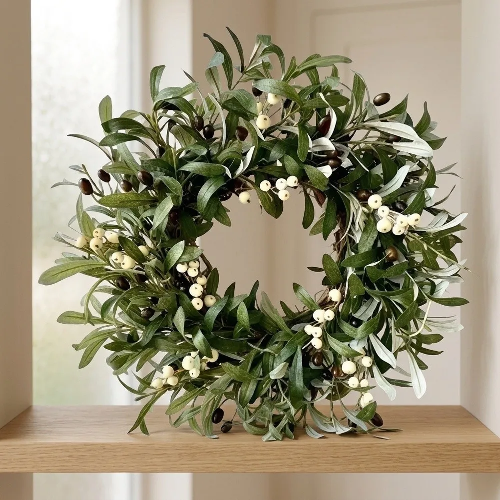 76*76cm Farmhouse Wreath Home And Garden Use Realistic Olive Leaves Apricot Berry Accents Lightweight For Hanging
