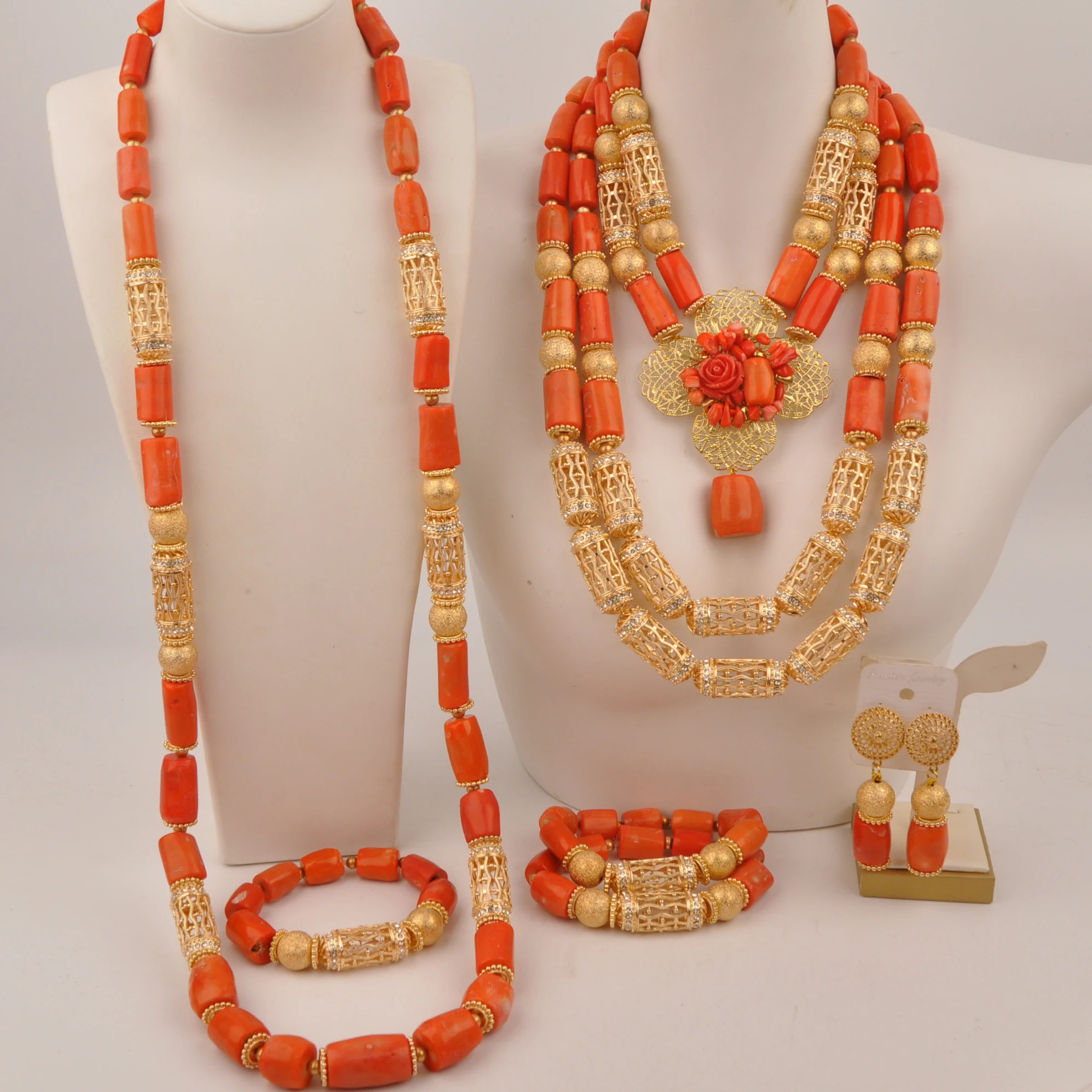 Original Orange Beads Jewelry Set African Traditional Wedding Necklace Set for Couple